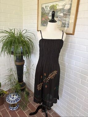 Lagaci Black Smocked Gauzy Midi Dress with Painted Floral Accents